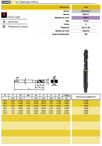 NR 5734 M-3X0.50 6H MACHO MAQUINA CIEGO 35º DIN-371 POWER TAP