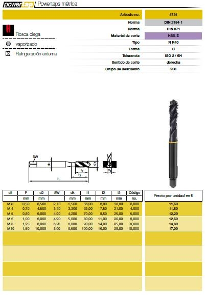 NR 5734 M-4X0.70 6H MACHO MAQUINA CIEGO 35º DIN-371 POWER TAP