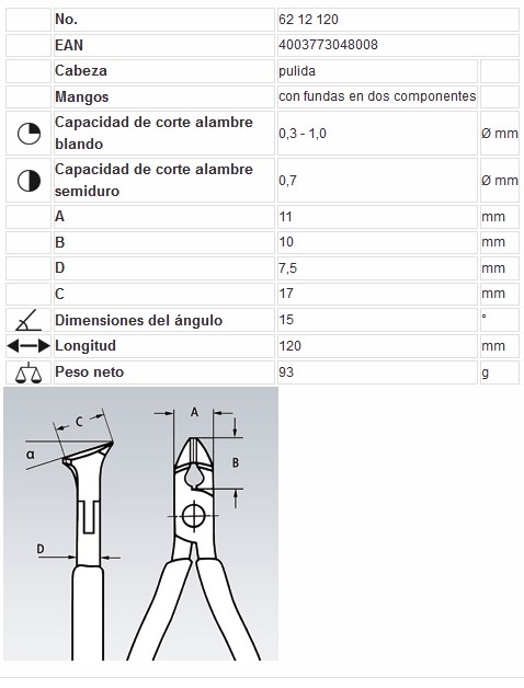 62 12 120 ALICATES CORTE OBLICUO 120mm M/BICOMPONENTE